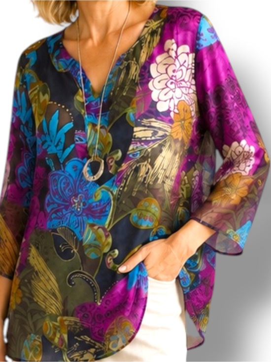 Chico's Tops - Chico’s 100% Silk Abstract Floral Tunic Top Semi Sheer Jewel Tone US 4